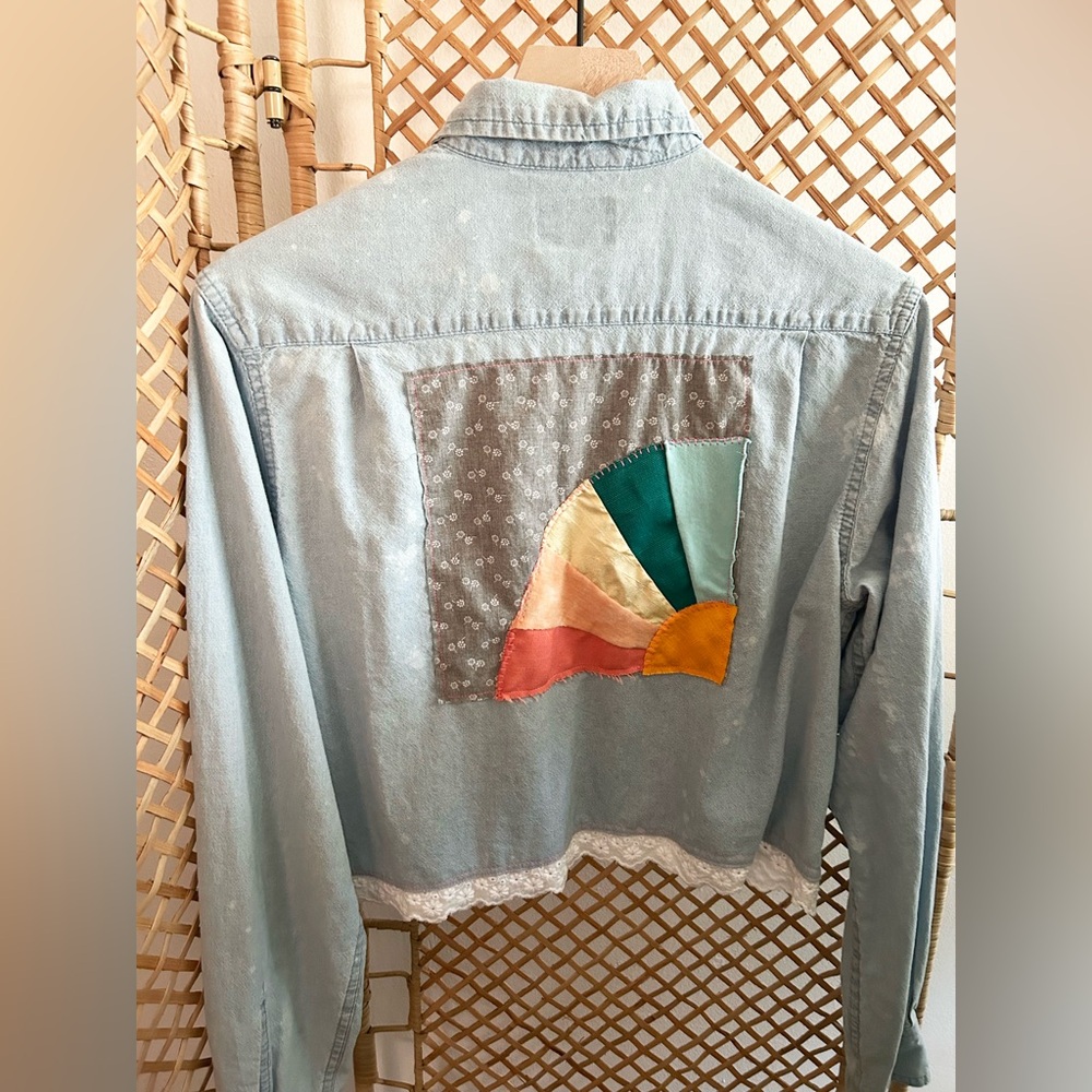 Grandmother’s Fan Quilt Block Cropped Denim Shirt Jacket